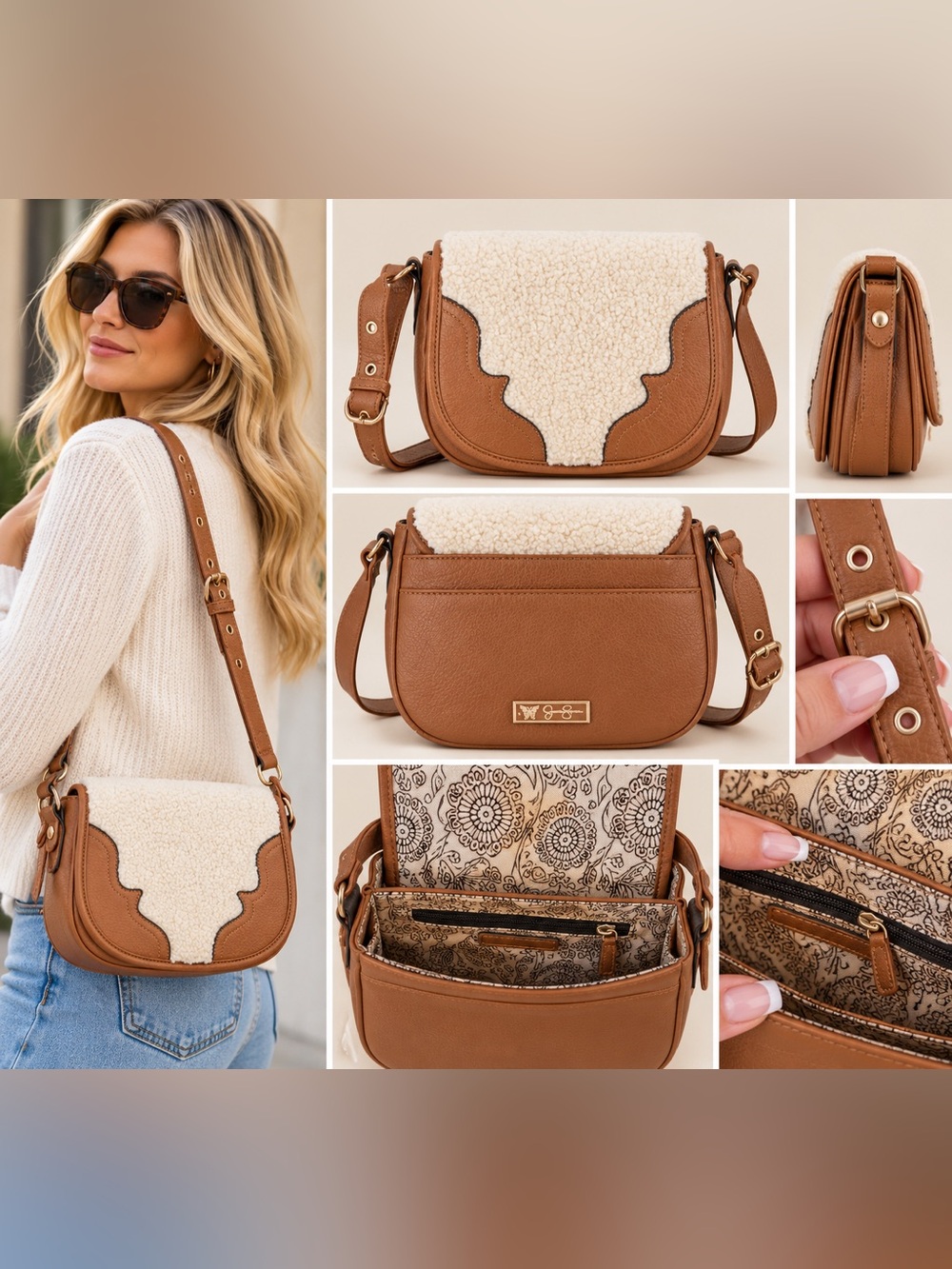 NWT Jessica Simpson Cozy Chestnut Brown Crossbody with Cream Sherpa Accent